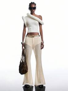 LYSMO 天鹅绒拼布高腰弹力喇叭裤 - 米色 - 查看 5