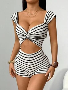 SHEIN PETITE 女士度假针织条纹前扭纹锁孔露背连体裤 - 黑與白 - 查看 7