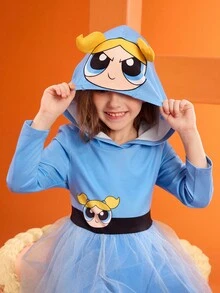 THE POWERPUFF GIRLS X SHEIN 可爱蓝色小女孩泡泡人物印花3D耳朵连帽连衣裙COS服装，适合秋冬季、万圣节、生日派对 - 藍色 - 查看 9
