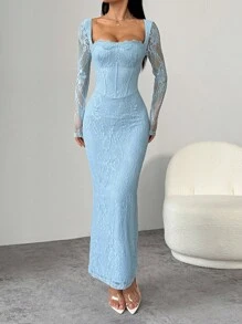 SHEIN PETITE Women's New Summer Party Date Evening Sexy S-Shaped Lace Long-Sleeved Breast Cup Fishbone Square Neck Tight Bodycon Black Maxi Dress Baby Blue Lace Dress Light Blue Long Sleeve Dress Baby Blue Elegant Dress Light Blue Maxi Dress Blue Lace Evening Gown Formal Dresses For Wedding Guest Lace Long Dress,Party Dress,Fall Dresses For Women - Baby Blue - View 7