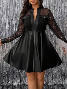 SHEIN Clasi Váy lưới mỏng kéo khóa phía trước thanh lịch quyến rũ cỡ lớn dành cho nữ - màu đen - Xem 5