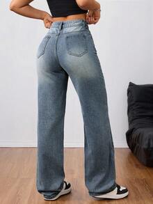 SHEIN Tall 女式高腰男友牛仔裤，褪色浅蓝色水洗 Y2K 风格牛仔裤 - 深色水洗藍 - 查看 2