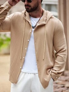 Manfinity Homme Men's Hooded Long Sleeve Shacket, For Fall - Camel - View 5