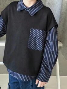DAZY 秋季男童宽松休闲条纹衬衫和背心两件套