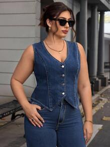 SHEIN Essnce Plus Size Denim Jacket, Minimalist Style Suitable For Summer - Navy Blue - View 4