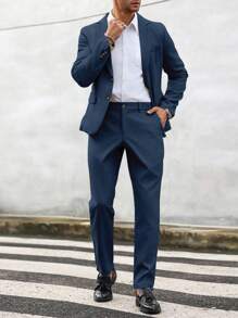 Manfinity Mode Men's Solid Color Single-Breasted Long Sleeve Suit Jacket And Pocketed Suit Pants Set - Navy Blue - View 6