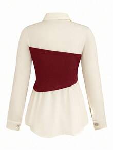 Rometta Conjunto casual de 2 piezas de talla grande para mujer con blusa de manga larga de color contrastante y pantalón de pierna ancha - Burdeos - Ver 3