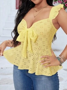 Elenzga Plus Size Women's Vacation Floral Embroidery Tie Front Cap Sleeve Top - Yellow - View 3