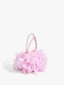 SHEIN BAE Geantă de seară tip plutitoare pentru femei, cu pene artificiale, neagră, geantă de lux pentru petrecere și club