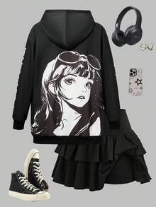 Teen Girl Street Punk Rock Girl Street Culture Oversized Anime Loose Zip-Up Sweatshirt - Black - View 6