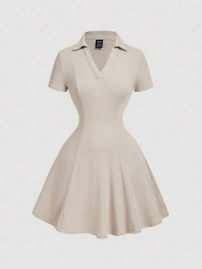 SHEIN MOD Vintage Beige Ruffle Collar Knitted Mini Dress - Preppy Style, 70s, Casual, Comfortable, Commuting, Old Money Aesthetic, Perfect For School Attire, Teaching Outfits, And Office Wear