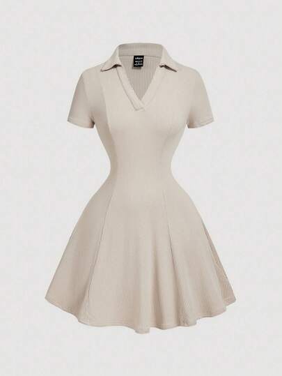 SHEIN MOD Vintage Beige Ruffle Collar Knitted Mini Dress - Preppy Style, 70s, Casual, Comfortable, Commuting, Old Money Aesthetic, Perfect For School Attire, Teaching Outfits, And Office Wear