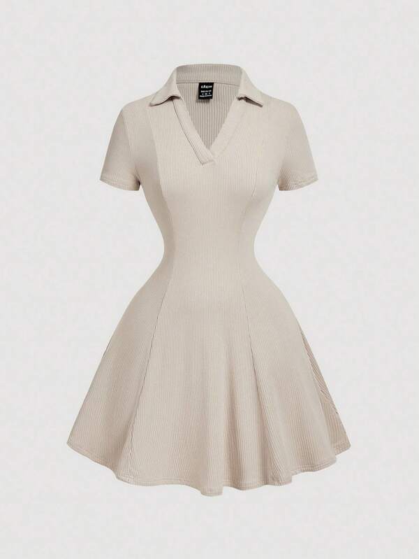 SHEIN MOD Vintage Beige Ruffle Collar Knitted Mini Dress - Preppy Style, 70s, Casual, Comfortable, Commuting, Old Money Aesthetic, Perfect For School Attire, Teaching Outfits, And Office Wear