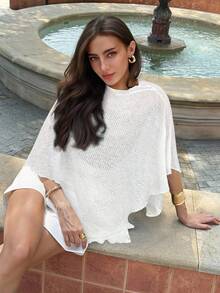 Aloruh Áo choàng cổ chữ V dệt kim Jacquard khoét lỗ thời trang mới, màu mơ đa năng, phong cách du lịch, nhẹ nhàng, mặc được nhiều lần - trắng - Xem 6