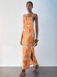 SHEIN Maija 女士碎花连衣裙，优雅度假沙滩装，秋冬款 - 橘色 - 查看 1