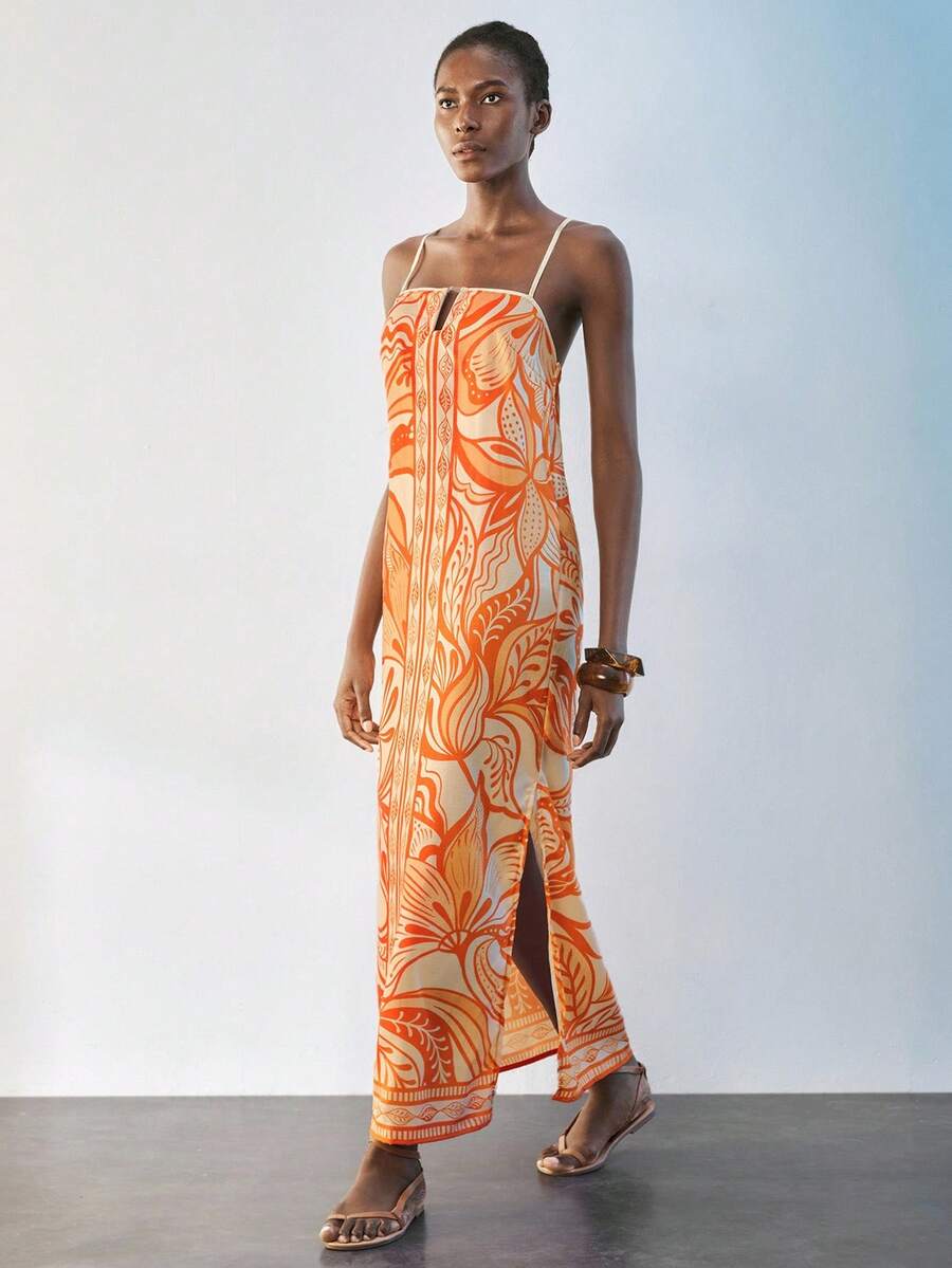 SHEIN Maija 女士碎花连衣裙，优雅度假沙滩装，秋冬款 - 橘色 - 查看 1