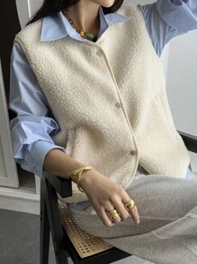 Livesso 女士休闲百搭蓬松背心，秋季外套背心女式大衣 - 杏色 - 查看 6