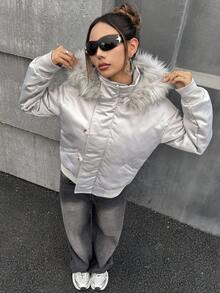 SHEIN ICON Áo khoác lông cừu chắp vá bằng vải satin phong cách cổ điển dành cho nữ, Thu/Đông - Màu Xám nhạt - Xem 7