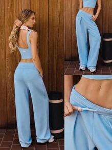 GLOWMODE Modal Ribbed Wide-Leg Built-In Adjustable Drawstring Waist Active Pants With Side Pockets Daily Casual Wear  Spring Summer - Baby Blue - View 6