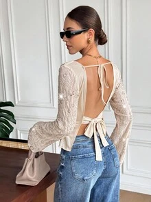 SHEIN Frenchy Women's Sequin Embroidery Lace-Up Backless Blouse,Elegant Beaded Deep V-Neck Bell Sleeve Shirt,Sparkly Apricot Summer Elegant Night Out Party Top - Apricot - View 3
