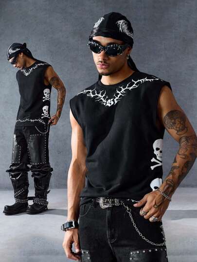 Goth Men's Skull Print Casual Loose Fit Sleeveless Tank Top, 2000s Style