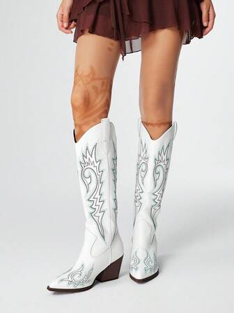 Fairycore Women's Elegant Pointed Toe Chunky Heel Embroidery Western Cowboy Boots, Leather Upper, Slip-On, Knee-High, Outdoor Fashion, Autumn/Winter