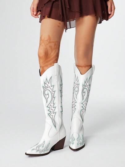 Fairycore Stivali da cowboy eleganti da donna con punta affusolata, tacco largo, ricamo, tomaia in pelle, slip-on, alti fino al ginocchio, moda all'aperto, autunno/inverno