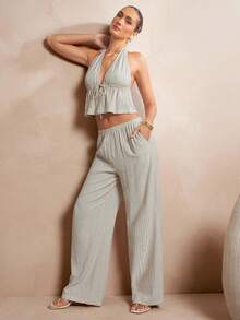 L'Amorae 女士条纹亚麻休闲裤套装