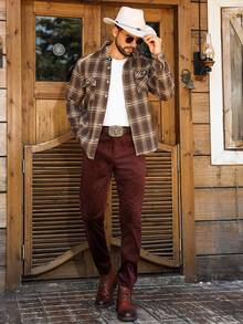 Manfinity Nomadique 男士休闲格子外套，春秋季法兰绒格子夹克男士乡村风纽扣领西部夹克 - 彩色 - 查看 5