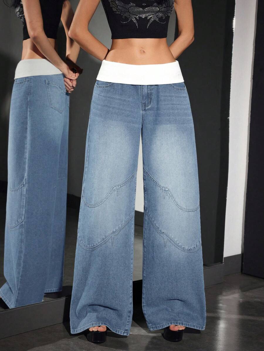 SHEIN Unity Damen Kontrast-Farbe Super Tief Taillierte Weite Jeans - Helle Waschung - Übersicht 1