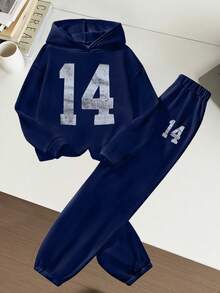 2pcs/Set Tween Girl Casual Numeric Print Hooded Long Sleeve Top And Long Pants - Navy Blue - View 1
