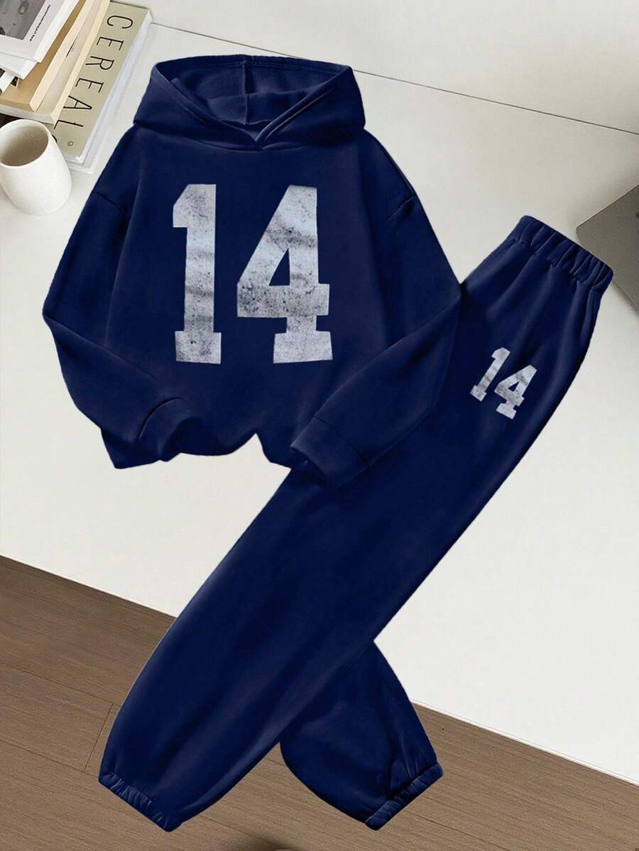 2pcs/Set Tween Girl Casual Numeric Print Hooded Long Sleeve Top And Long Pants - Navy Blue - View 1
