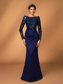 Serin Plus Size Elegant Navy Blue Winter Formal Evening Wedding Guest Dress,Sequin Embroidery Round Neck Long Sleeves Mermaid Hem Mother Of Bride Dress - Navy Blue - View 2