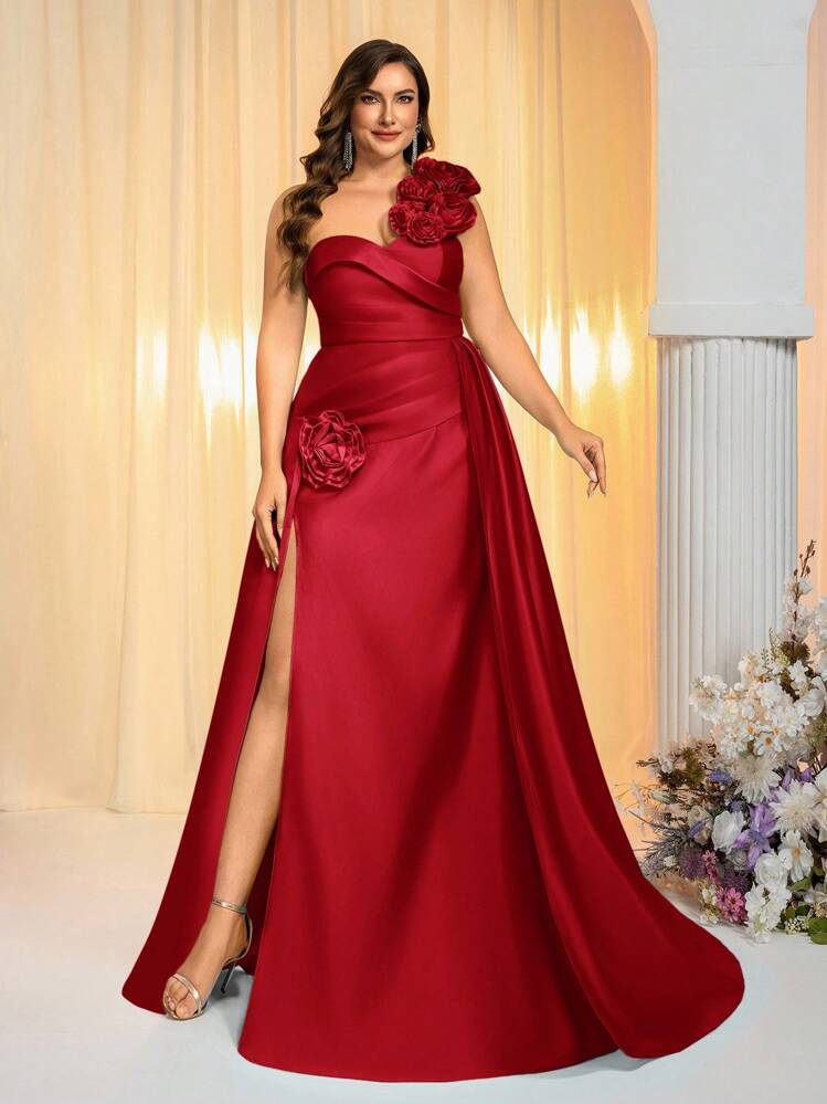 Glamrae Vestido de noche formal de talla grande elegante y romántico con un hombro, escote de corazón, decoración floral 3D, abertura alta en la falda de cola de sirena con aplicaciones - Rojo - Añade 7