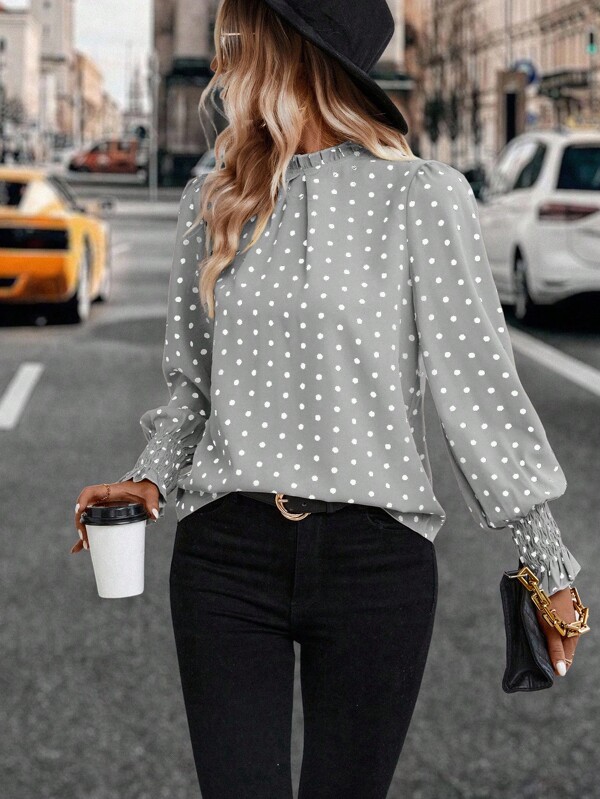EMERY ROSE Camisa casual de manga abullonada con estampado de lunares para ir al trabajo