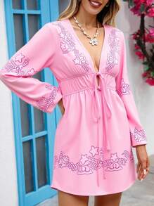 Vivid Eden 休闲时尚长袖系腰女式迷你连衣裙 - 粉色 - 查看 9