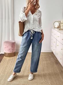 EMERY ROSE Mature Denim 女式休闲水洗抽绳腰牛仔裤 - 藍色 - 查看 8