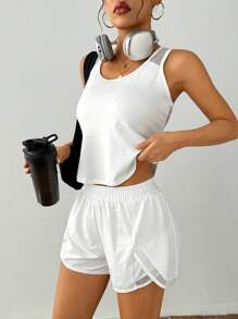Easithlete 2 件女式无袖 T 恤和短裤套装，休闲运动装运动两件套健身套装 - 白色 - 查看 5