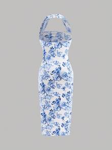 SHEIN Girlism 青少年女孩合身休闲简约挂脖碎花腰带无袖连衣裙 - 藍白色 - 查看 2