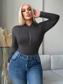 SHEIN SXY 大码女式舒适休闲长袖拉链连体衣，秋冬 - 深灰色 - 查看 4