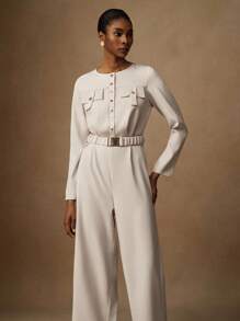 Lyxana Jumpsuit Wanita Elegan Warna Polos dengan Leher Bulat dan Gesper Logam, Pakaian Musim Gugur untuk Wanita - Aprikot - View 4
