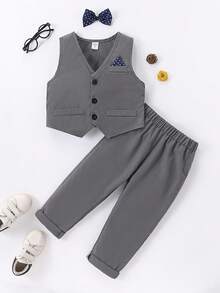 SHEIN 2 件套年轻男孩绅士正装套装，含背心、领结和裤子，适合婚礼、婚礼宾客、花童、戒童，秋冬