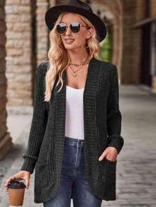 SHEIN LUNE Cárdigan de punto con bolsillo de unicolor minimalista y casual, adecuado para primavera y otoño - Gris Oscuro - Ver 6