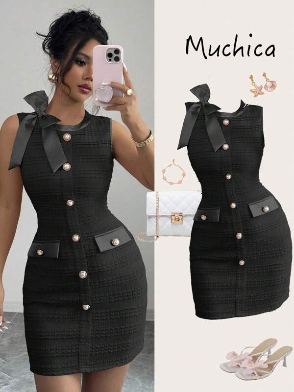 Elenzga Sleeveless Spring/Summer/Early Autumn Butterfly Knit Textured Metal Pearl Button French Elegant Satin Stretch Bodycon Mini Dress