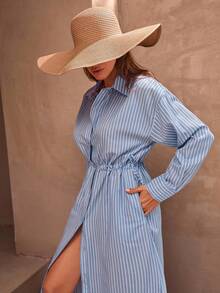 EURMUSE Casual Style Effortless, Linen Look Button Through And Drawstring Belt Detailed Maxi Shirt Dress - Blue - View 6