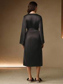 Anewsta Elegant Lace Patchwork Long Robe For Women Luxe Loungewear, Vacation, Winter - Black - View 3