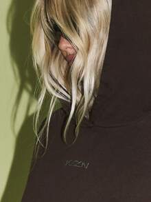 KIZN 长款套头连帽衫，带侧条纹细节，冬季休闲抽绳宽松棉混纺家居服秋季时尚街头运动衫 - 棕色 - 查看 3