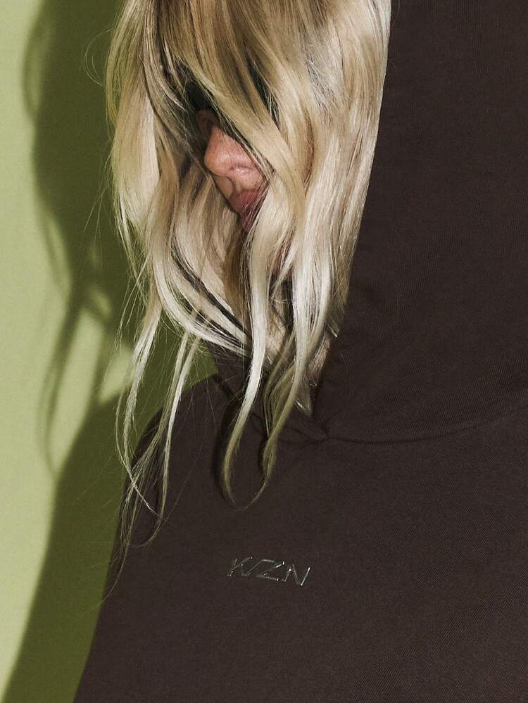 KIZN 长款套头连帽衫，带侧条纹细节，冬季休闲抽绳宽松棉混纺家居服秋季时尚街头运动衫 - 棕色 - 查看 3