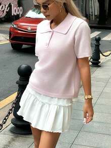 INAWLY Women's Solid Color Polo Collar Loose Casual Knit Top - Pink - View 4