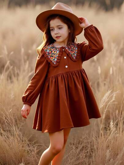Emery Rose Kids Emery Rose Kids Young Girl Fall Ditsy Floral Peter Statement Collar Casual Dress Winter